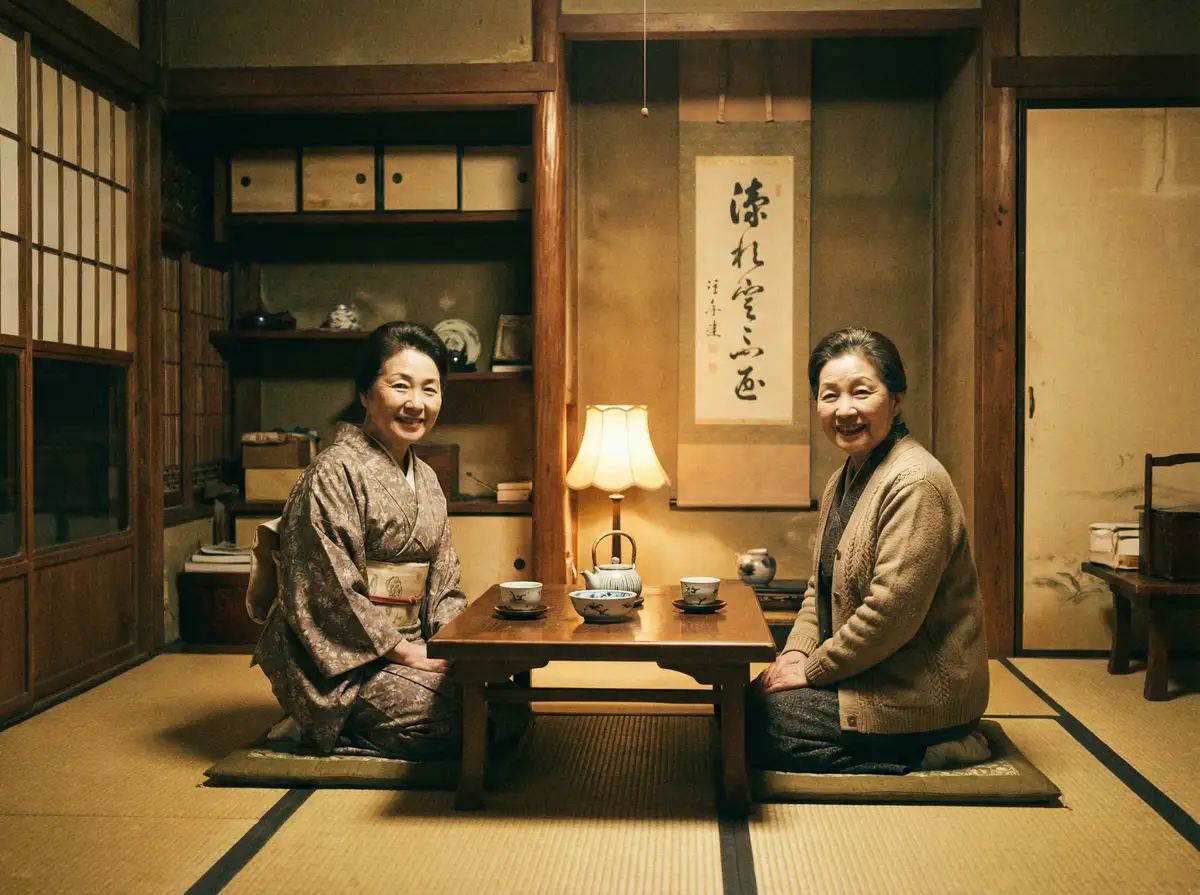 两位优雅的 91吃瓜 在日式茶室中品茶交谈